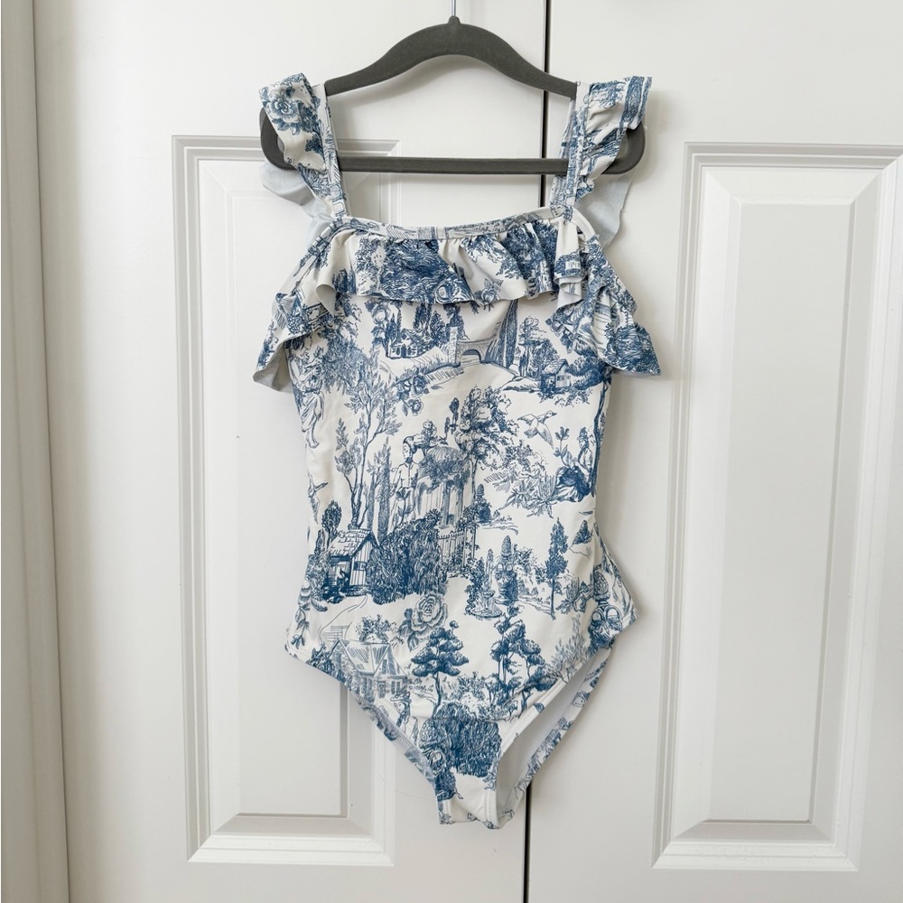GB Girls Toile Swimsuit Blue White Size 12